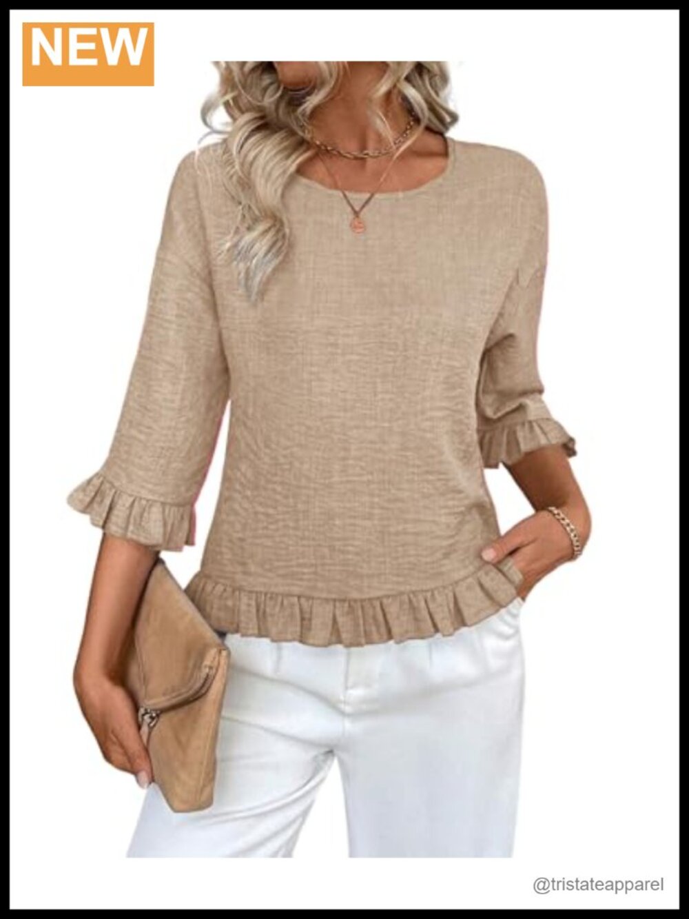 Casual 3/4 Ruffle Sleeve Blouse Crew Neck Linen Tunic